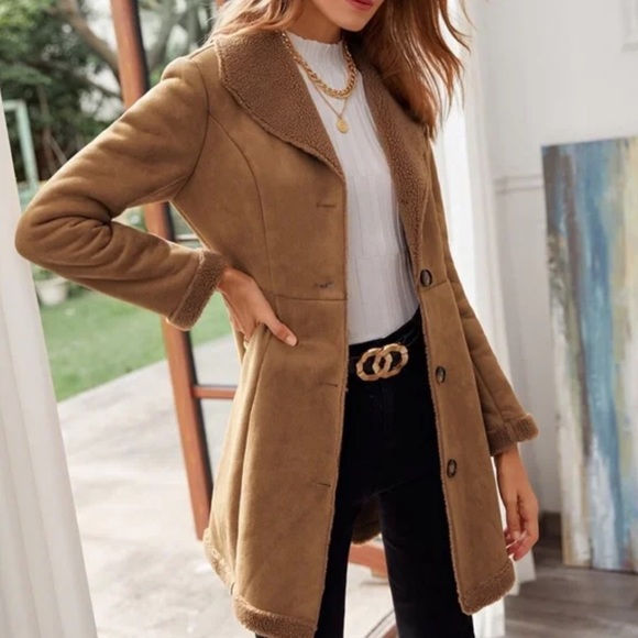 Cozy Camel Tan Sherpa Lined Vegan Suede Jacket Coat - Picture 5 of 5